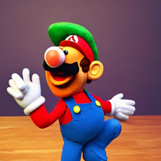 Image similar to A full body still of Mario as a muppet, photo real, photographic, photograph, artstation, trending, award winning, epic lighting, featured