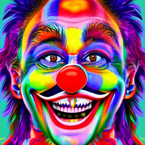 Prompt: Portrait of a colorful happy joyful clown, crazy, digital art masterpiece