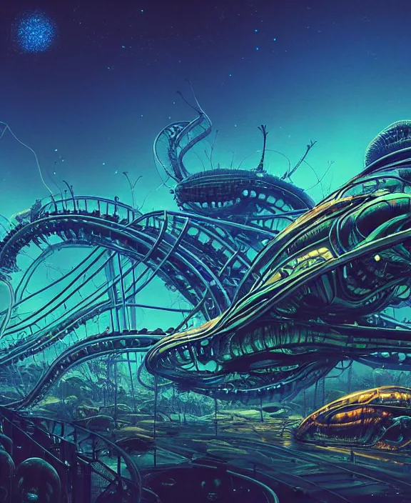 Image similar to a roller coaster made out of alien creatures, biological forms, internal organs, in the style of an asymmetrical spaceship, surrounded by fireflies, apocalyptic environment, by dan mumford, yusuke murata, makoto shinkai, ross tran, cinematic, unreal engine, cel shaded, featured on artstation, pixiv