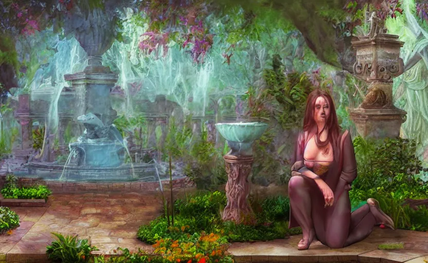 Prompt: The kneeling statue of a woman in a beautiful garden, next to a fountain and a mystical palace, and all this in a foggy and mysterious atmosphere. Fantasy and concept art, colorful digital painting.