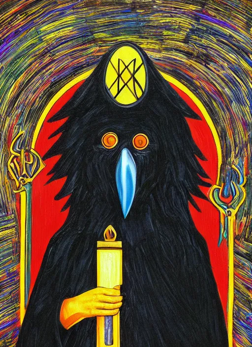 Image similar to portrait centered on a raven in a vantablack cloak and holding a symbolic weapon. painting in the style of symbolism. portrait hung up in a windows 9 8 wallpaper. r / oldschoolfantasy