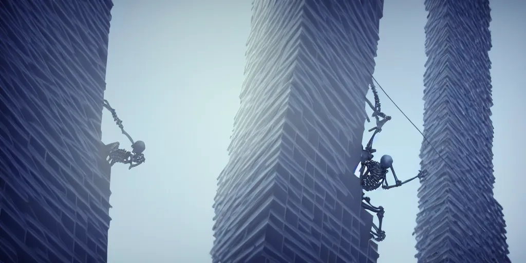 Prompt: large human skeleton going up the side of a skyscraper using his hands, skeleton climbing, greg rutowski, volumetric lighting, epic scale, aesthetic octane render, close - up