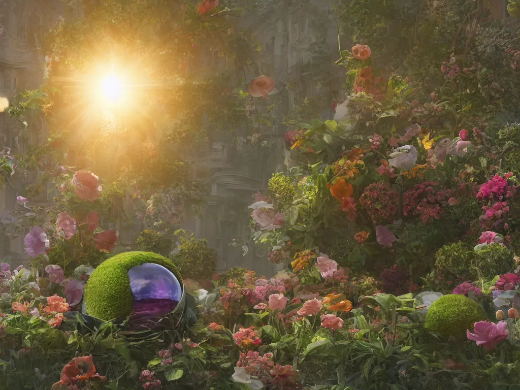 Image similar to 3 d render, sunlight study, the universe is a spheroid region 7 0 5 meters in diameter, art nouveau, by rachel ruysch and ( ( ( ( ( lisa frank ) ) ) ) ), 8 k, sharp focus, octane render