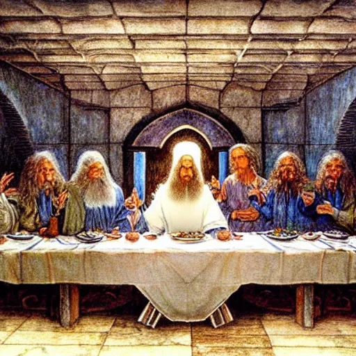 Prompt: gandalf's last supper, by alan lee, by john howe