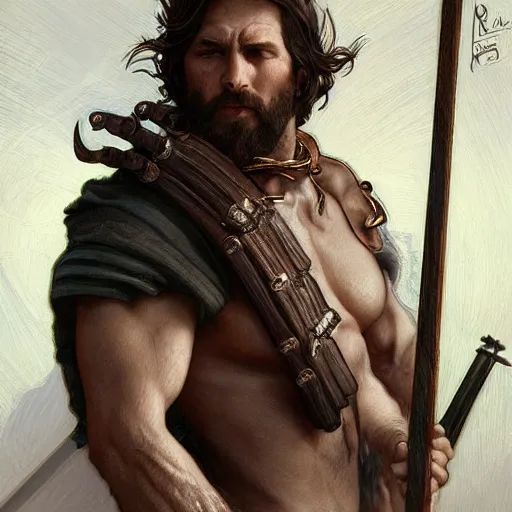 Image similar to portrait of a gruff ranger carrying the holy lance of longinus, Cain, moderately muscular, hairy body, intricate, elegant, highly detailed, digital painting, artstation, concept art, matte, sharp focus, illustration, art by Artgerm and Greg Rutkowski and Alphonse Mucha