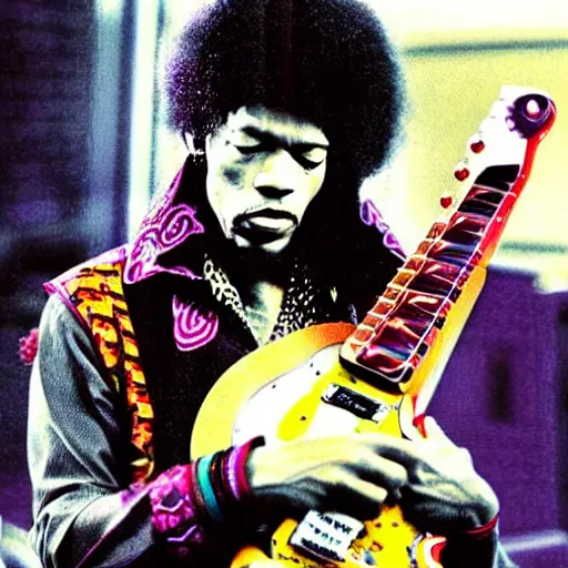 Image similar to jimi hendrix playing a lizard guitar, color photo, cinematic