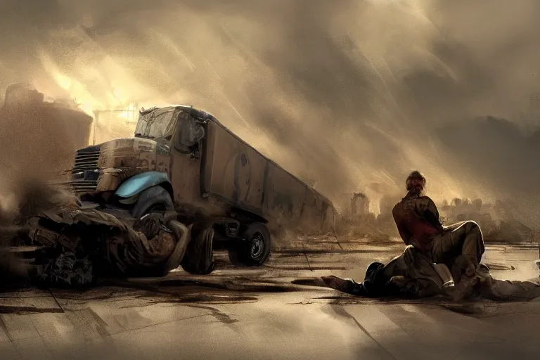 Prompt: epic concept art of an approaching truck and a man on the ground. close - up fallen man in foreground. backlight. rim light, strong contrast. by ashley wood and j. m. w. turner, speed painting, photo bash, cinematic angle, super detailing, strong perspective, traffic accident, haze over the shoulder shot