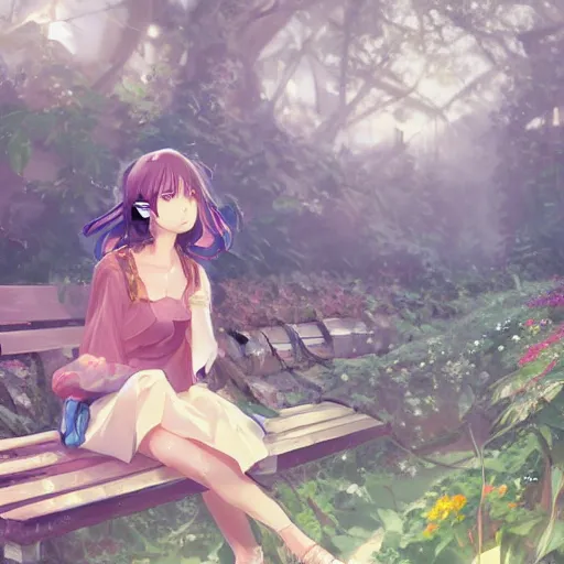 Prompt: advanced digital art. A beautiful girl is sitting on a bench reading in an abandoned train station overgrown with vines and flowers. Digital Anime painting. Sakimichan, WLOP, RossDraws, pixivs, Makoto Shinkai. —H 2160