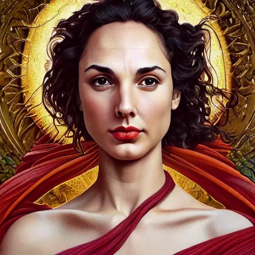 Image similar to Full body oil painting of the beautiful goddess Gal Gadot, she is wearing a peplos and a surreal ornate, her hair is natural disheveled, she is approaching heaven over the clouds, naturalism, dramatic lighting, high-detailed oil painting by Ilya Repin, Michelangelo da Caravaggio, William Blake, Alex Grey and Beksinski, trending on Artsation, hystorical painting, naturalism, masterpiece, 4k, 8k,