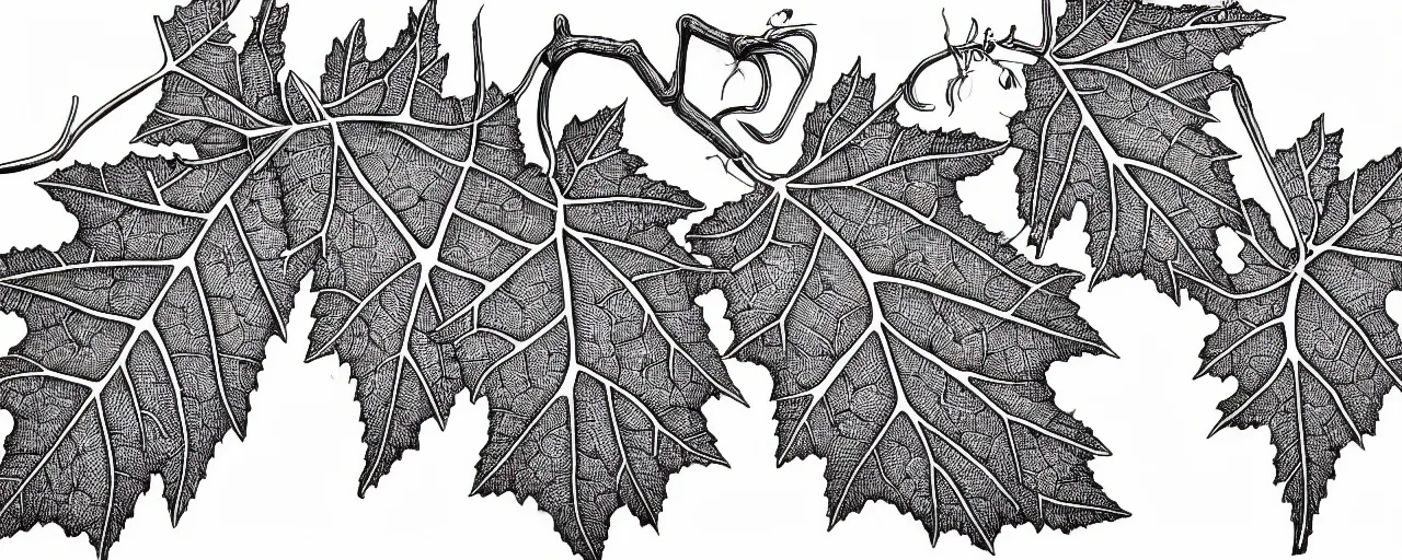 Image similar to a full page schematic diagram illustration of a vine leaf with an oak acorn, ultra detailed, 4 k, intricate, encyclopedia illustration, fine inking lines