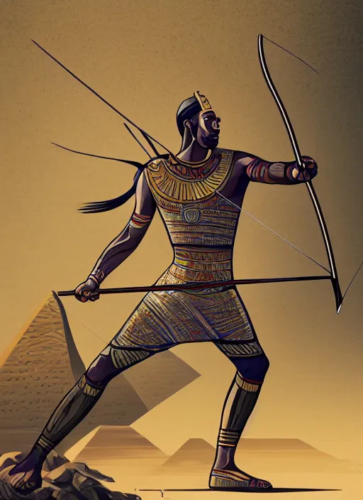 Prompt: illustration of a man shooting an arrow with a bow, digital illustration, egyptian art by brian despain, behance contest winner, afrofuturism, egyptian art, 2 d game art, hyper - realism