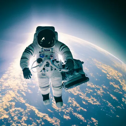 Image similar to photograph of an astronaut in space, singular light source from below, earth only visible below, darkness above, full body photo, amazing light and shadow contrast, 8 k