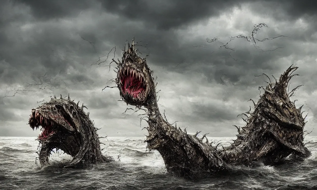 Image similar to a gigantic ultra-detailed scary monster that looks like an angler-fish with extremities like crocodile ,wet and slimy with a very large mouth, is coming out of the sea on a beach, there are people fleeing in terror, photo-realistic, stormy sky, photo by national geographic