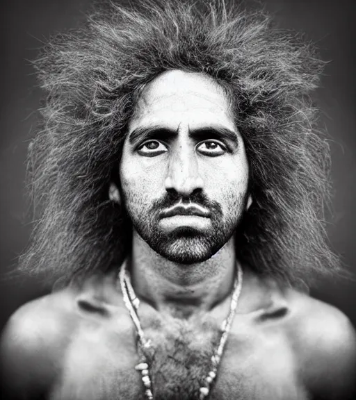 Image similar to Award winning photo of Mauri Natives with incredible hair and hyper-detailed eyes wearing traditional garb by Lee Jeffries, 85mm ND 5, perfect lighting, gelatin silver process