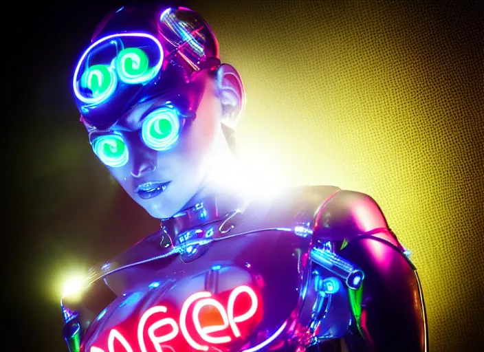 Image similar to a 3 5 mm photo of a cybernetic woman with led lights and neon with chrome details, splash art, movie still, bokeh, canon 5 0 mm, cinematic lighting, dramatic, afrofuturism, film, photography, golden hour, depth of field, award - winning, anamorphic lens flare, 8 k, hyper detailed, 3 5 mm film grain