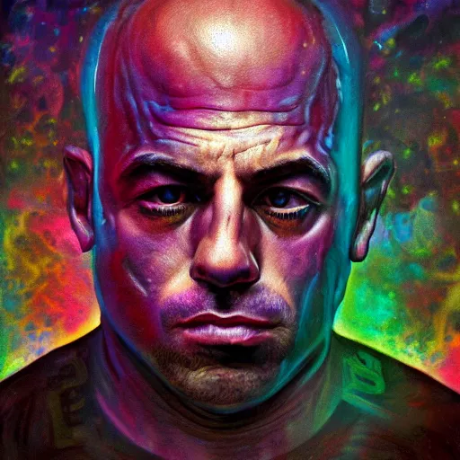 Image similar to An extremely psychedelic portrait of Joe Rogan, surreal, LSD, face, detailed, intricate, elegant, lithe, highly detailed, digital painting, artstation, concept art, smooth, sharp focus, illustration