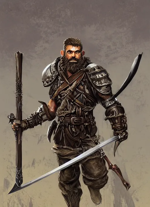 Image similar to strong young man, photorealistic bugbear ranger holding aflaming sword, black beard, dungeons and dragons, pathfinder, roleplaying game art, hunters gear, jeweled ornate leather and steel armour, concept art, character design on white background, by alan lee, norman rockwell, makoto shinkai, kim jung giu, poster art, game art