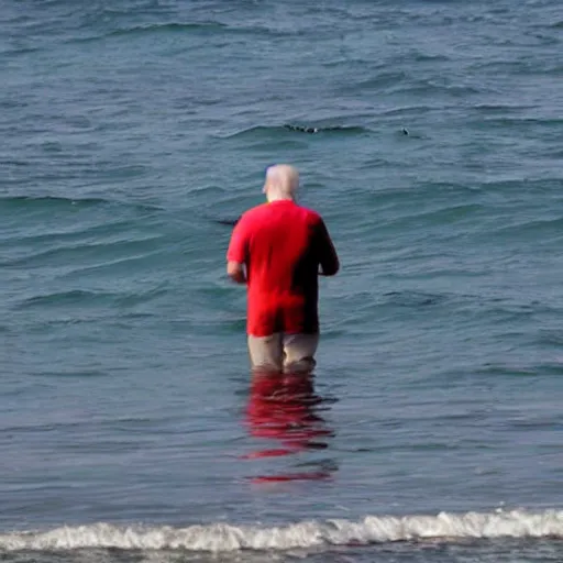 Image similar to a far away shot of Joe Biden in the ocean