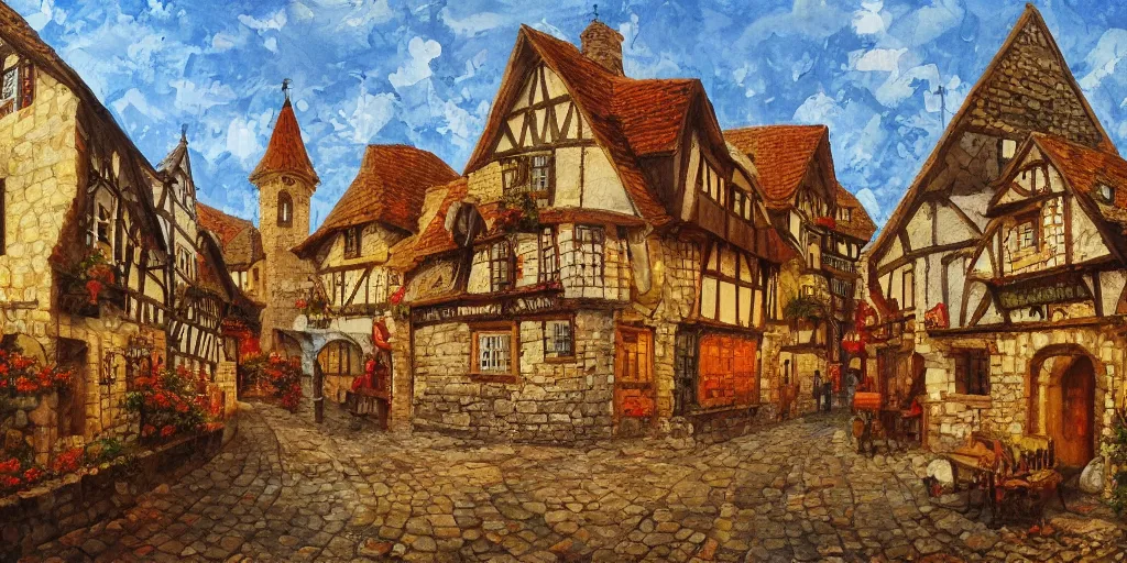 Image similar to a middle european medieval town during autumn, painting, beautiful, award winning masterpiece