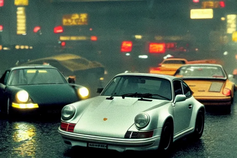 Image similar to a single 1 4 8 0 porsche 9 1 1, racing down tokyo highway in the rain, movie still from bladerunner