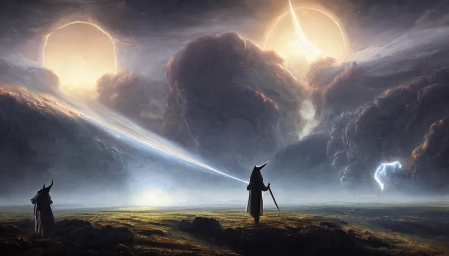 Image similar to a beautiful painting of gandalf watching a huge wormhole destroy an alien world with multiple suns, ray traced lighting by jean kalin popov and greg rutkowski