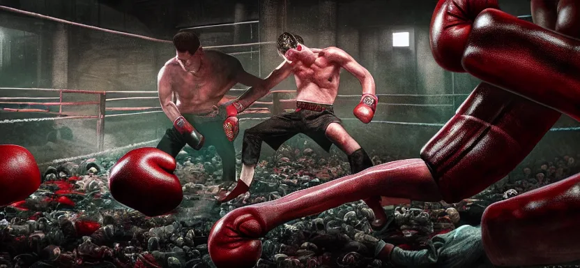 Prompt: handmade illustration of a vicious fight in an illegal boxing ring, bloody uppercut action shot knockout, line art, octane render with volumetric lighting, architectural illustration by MC Escher and cedric peyraavernay, industrial waste processing, bladerunner, green and red radioactive swamp