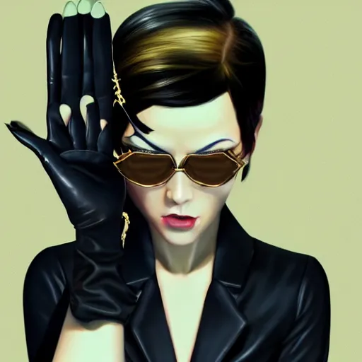 Image similar to Goro Majima as slim girl, gold suit jacket in snake print, black leather gloves, short black hair, black eye patch, elegant, 2d, ultra highly detailed, digital painting, smooth, sharp focus, artstation, art by Ilya Kuvshinov