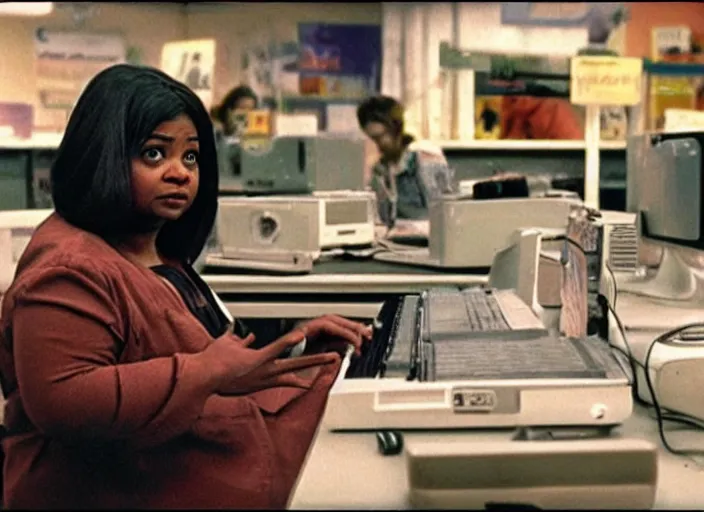 Image similar to cinematic shot of octavia spencer in an small used electronics store next to an old electronic keyboard, iconic scene from the paranoid thriller sci fi film directed by stanley kubrick, anamorphic cinematography, beautiful composition, color theory, leading lines, photorealistic, volumetric lighting