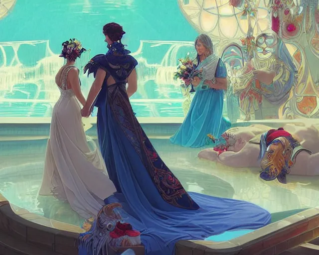 Image similar to a wedding in a swimming pool, photography of kurzgesagt, deep focus, d & d, fantasy, intricate, elegant, highly detailed, digital painting, artstation, concept art, matte, sharp focus, illustration, hearthstone, art by artgerm and greg rutkowski and alphonse mucha