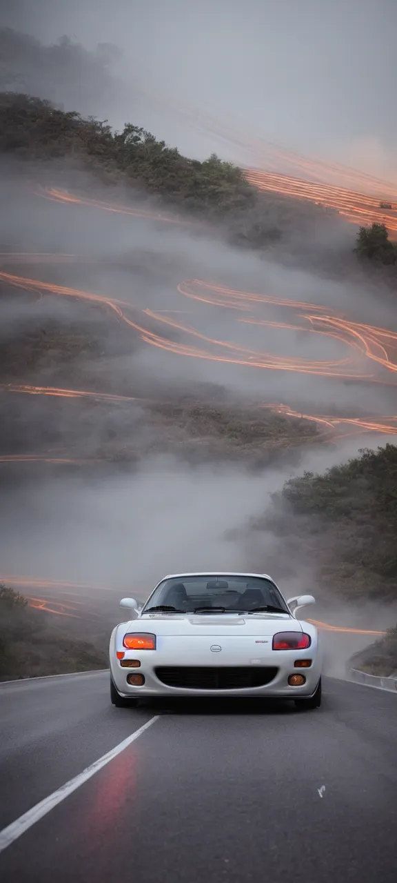 Image similar to a jdm mazda rx - 7 on a highway, cinematic, long exposure, white balance, 8 k, led, lumen global illumination, fog, ray tracing reflections