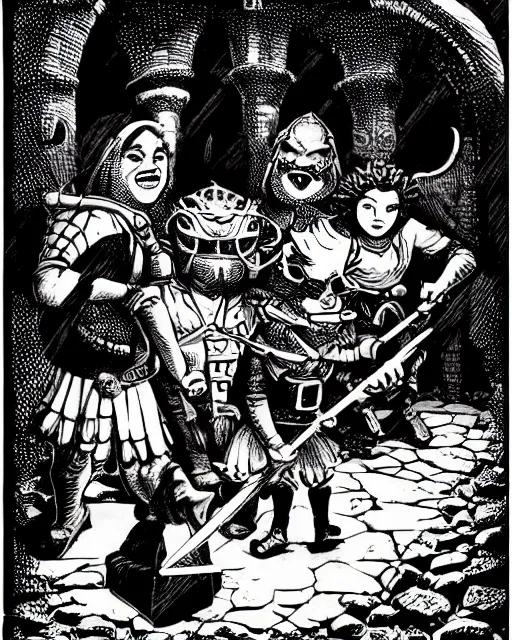 Prompt: four adventurers in a dungeon, hiding from a beholder. black and white, retro fantasy illustration