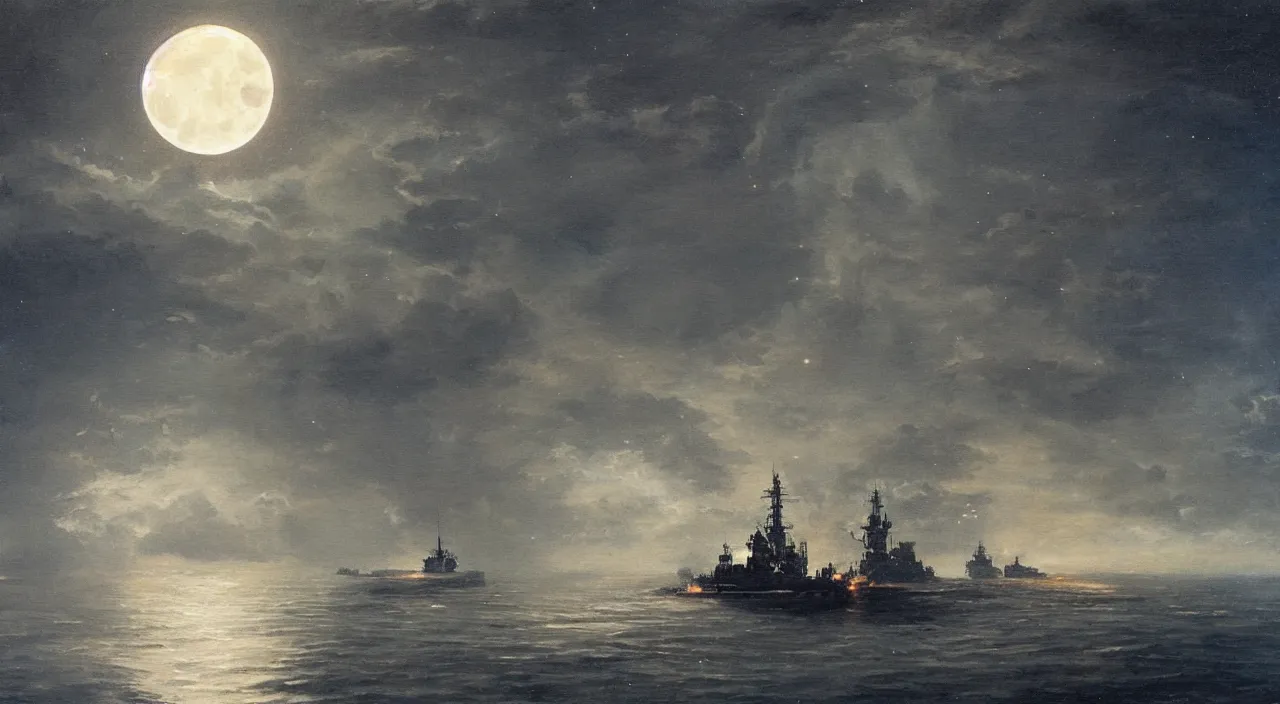 Image similar to Close up of battleship firing its cannons in a cloudy night in the middle of the ocean, lit by a single moon, oil painting