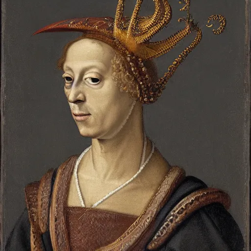 Image similar to renaissance style portrait of a european common cuttlefish wearing a crown and a cape, dark background