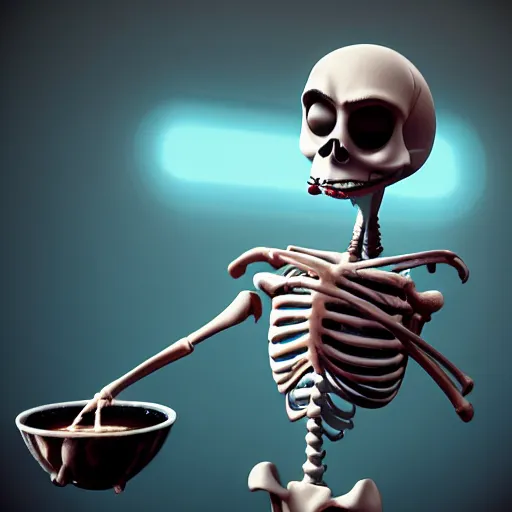 Prompt: portrait of a funny skeleton character holding a cup of coffee. pixar style animation 3 d extremely gloomy lighting, shining light and shadow, atmospheric, cinematic, unreal engine, 8 k