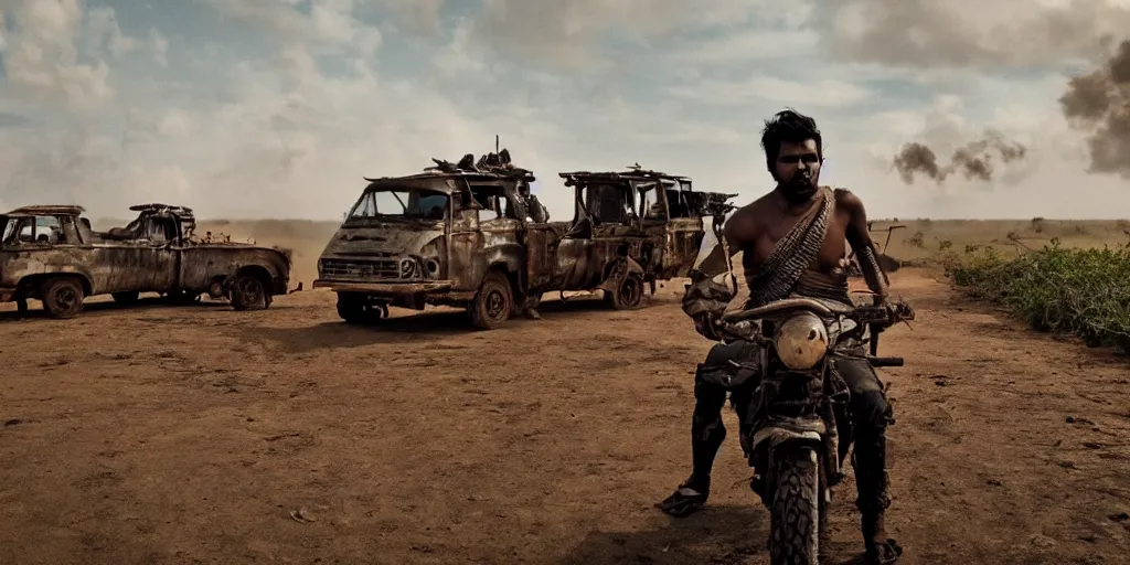 Prompt: sri lankan mad max style, bongo, film still, epic shot cinematography, rule of thirds