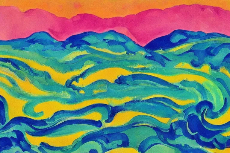 Image similar to Landscape painting. Wild energy patterns rippling in all directions. Curves, zig-zags. Organic. Mountains. Clouds. Vegetation. Rushing water. Waves. LSD. Fauvism. Emil Nolde.