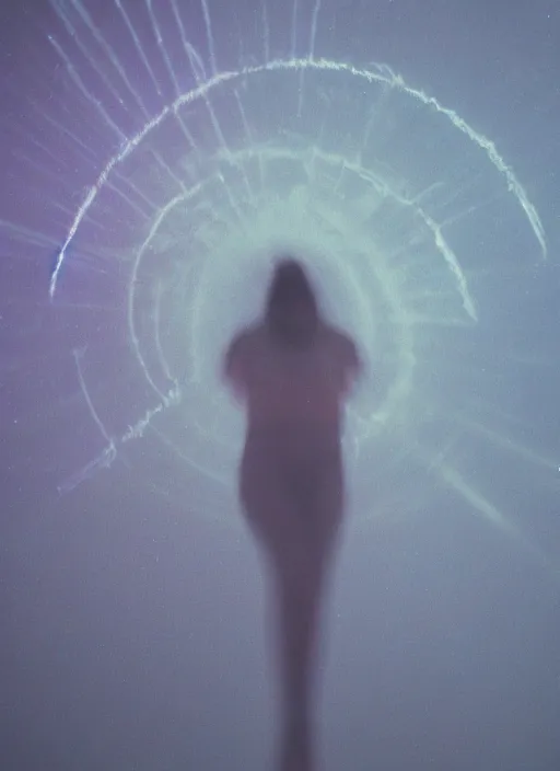 Image similar to female ascending into the sky, glowing aura, motion blur, long exposure, film grain, cinematic lighting, experimental film, shot on 1 6 mm