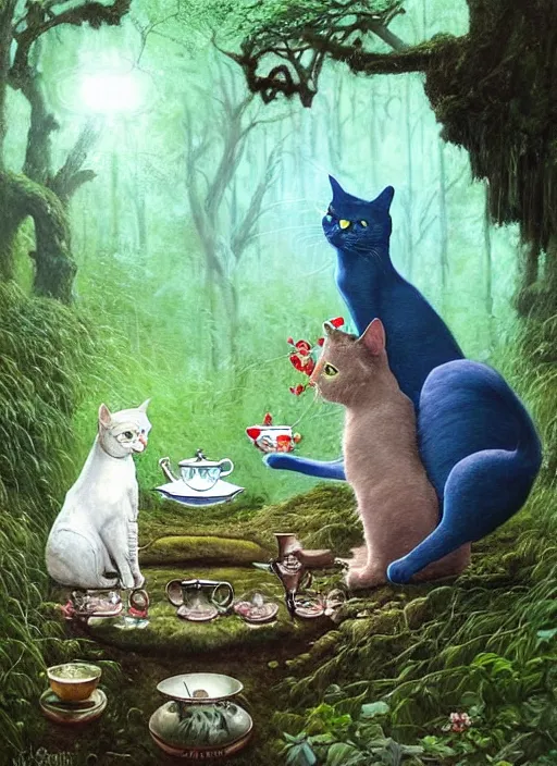 Image similar to cat having tea with a sorceress at a shrine in the woods by a stream, river gorgeous lighting, lush forest foliage blue sky a hyper realistic painting by chiara bautista and beksinski and norman rockwell and greg rutkowski weta studio, and lucasfilm