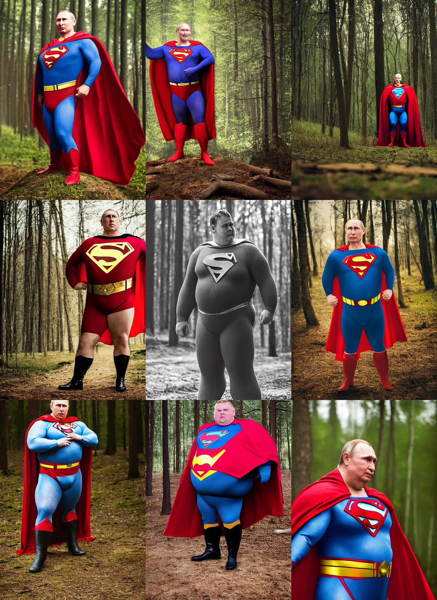 Prompt: a 1 0 0 mm lens close up photo of obese vladimir putin wearing superman costume, in woods, movie still, bokeh, canon 5 0 mm, cinematic lighting, dramatic, film, photography, depth of field, award - winning, backlighting, overcast, 8 k, hyper detailed, 3 5 mm film grain