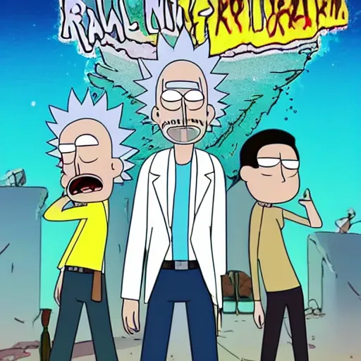 Image similar to Bill Murray playing Rick Sanchez, with spikey grey hair, and wearing a white lab coat, real-life action movie of Rick & Morty announced, poster art