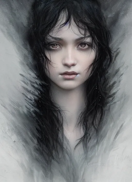 Prompt: a teenage girl with very short black hair and a huge cloak made of grey and black raven feathers standing in the mist. mist swirls around her. beautiful highly detailed face. beautiful painting by artgerm and greg rutkowski and raymond swanland