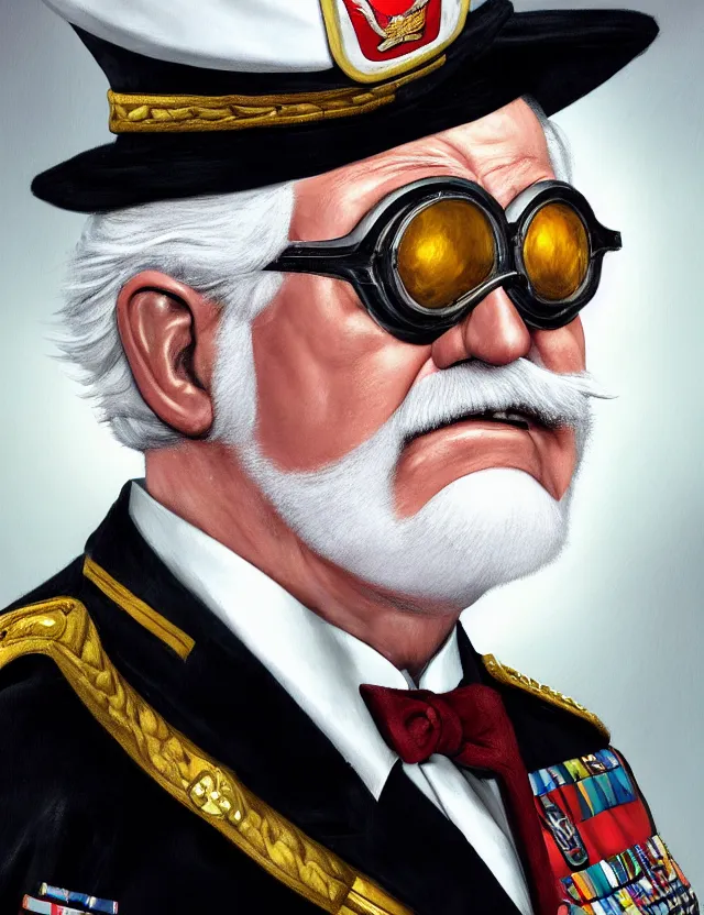 Image similar to a photographic portrait of colonel sanders wearing a military uniform and a black eyepatch over his left eye, by moebius and tyler edlin and hr giger, trending on artstation, digital art, 4 k resolution, detailed, high quality, sharp focus, hq artwork, coherent, insane detail, concept art