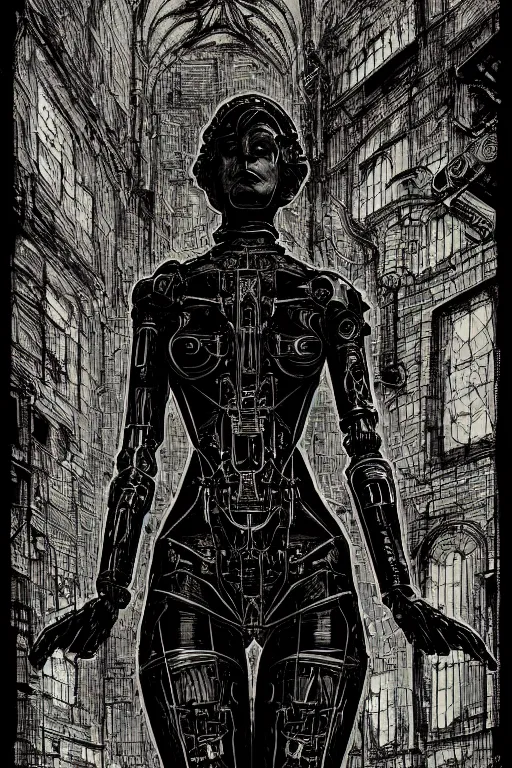 Image similar to dreamy gothic girl, abstract black leather, gear mecha, beautiful woman body, detailed acrylic, grunge, intricate complexity, by dan mumford and by alberto giacometti, peter lindbergh