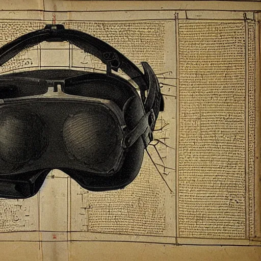 Image similar to Vintage, detailed, sketch of Oculus Rift, with full descriptions, on parchment, as depicted in Leonardo da Vinci's Codex Atlanticus