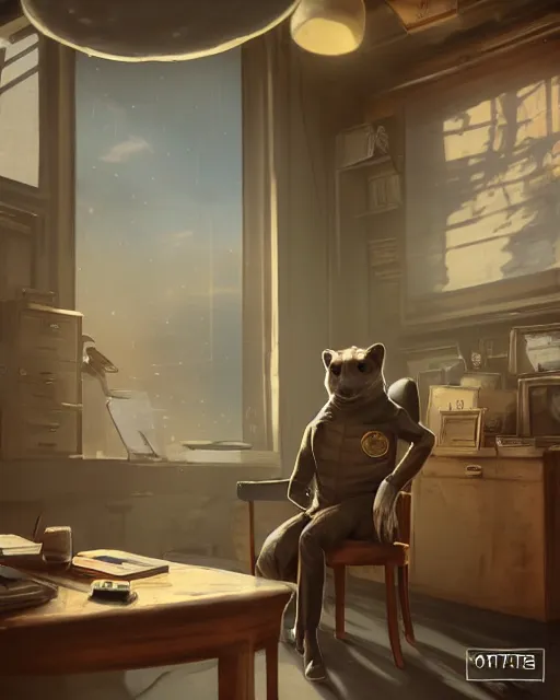 Image similar to artstation scifi scene of a weasel in suits drinking tea ， in an shabby office, wooden, furnitures ， many brocade flags summer unreal engine 5, hyper realism, realistic shading, cinematic composition, blender render, octane render, hdr, detailed textures, photorealistic, wide shot