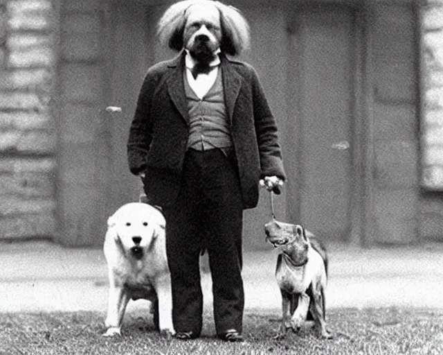 Image similar to a photo of canine karl marx ( karl barx ) as a dog, barking about the failures of capitalism and how the fat cats are creating a rat race of exploitation. how does one write a manifesto with those paws though?