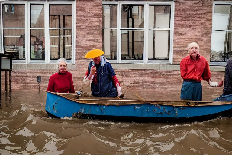 Image similar to closeup potrait of Dutch people with buckets in a flood in Amsterdam, photograph, natural light, sharp, detailed face, magazine, press, photo, Steve McCurry, David Lazar, Canon, Nikon, focus