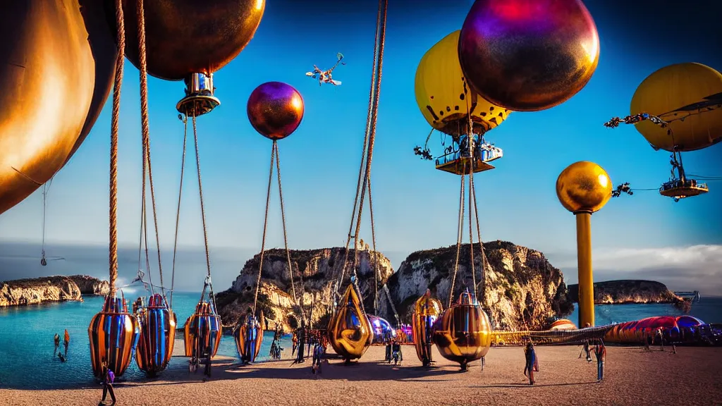 Image similar to large colorful futuristic space age metallic steampunk steam - powered balloons with pipework and electrical wiring around the outside, and people on rope swings underneath, flying high over the beautiful ibiza landscape, professional photography, 8 0 mm telephoto lens, realistic, detailed, photorealistic, photojournalism