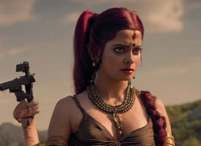 Image similar to film still of real life leela with ponytail in the new scifi movie, 4 k