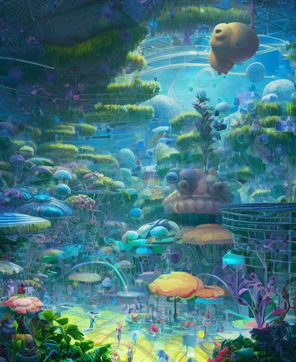 Prompt: simplicity, an elegant amusement park made out of seamless fat asymmetrical organic creatures, in the style of an aerodynamic blobby robot, overgrown with orchids, partly cloudy, sun - drenched, dramatic lighting, by dan mumford, yusuke murata, makoto shinkai, ross tran, cinematic, unreal engine, cel shaded, featured on artstation, pixiv